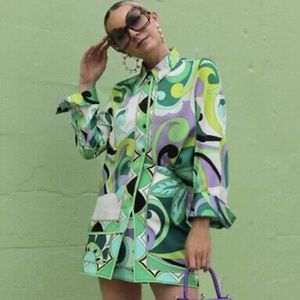 Zara Green Retro Button Down & Skirt Set | Size Medium